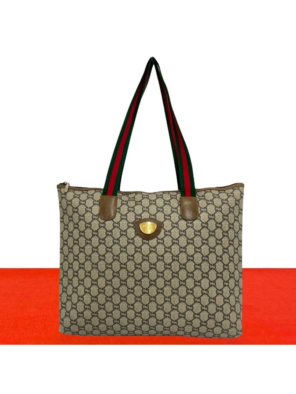 Gucci Vintage Sherry Line GG Logo Leather Tote Shoulder Bag Brown